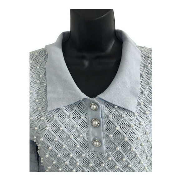 Blue diamond pattern pearl adorned‎ collared sweater top new size XL new - Picture 10 of 17